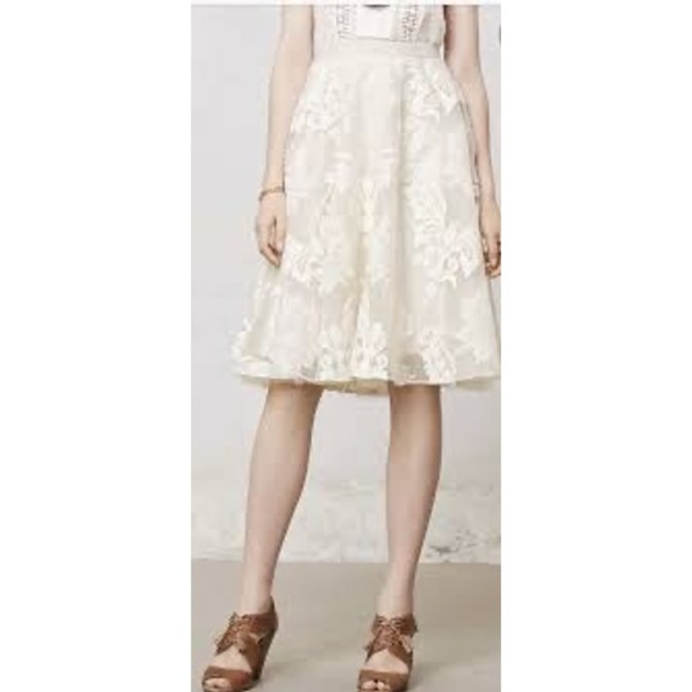 Baraschi Anthropologie Ivory Damask Embroidered Tulle Midi Skirt AS557 Size 2